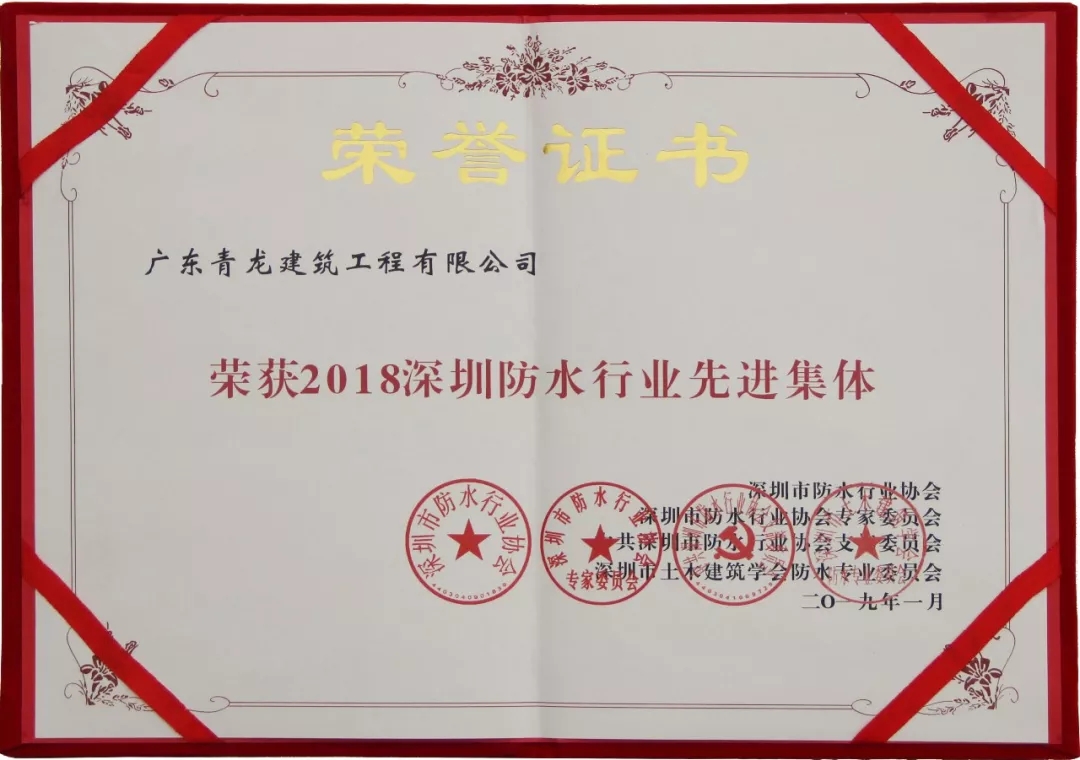 青龍榮獲2018年深圳防水行業(yè)先進(jìn)集體獎(jiǎng) 深圳防水